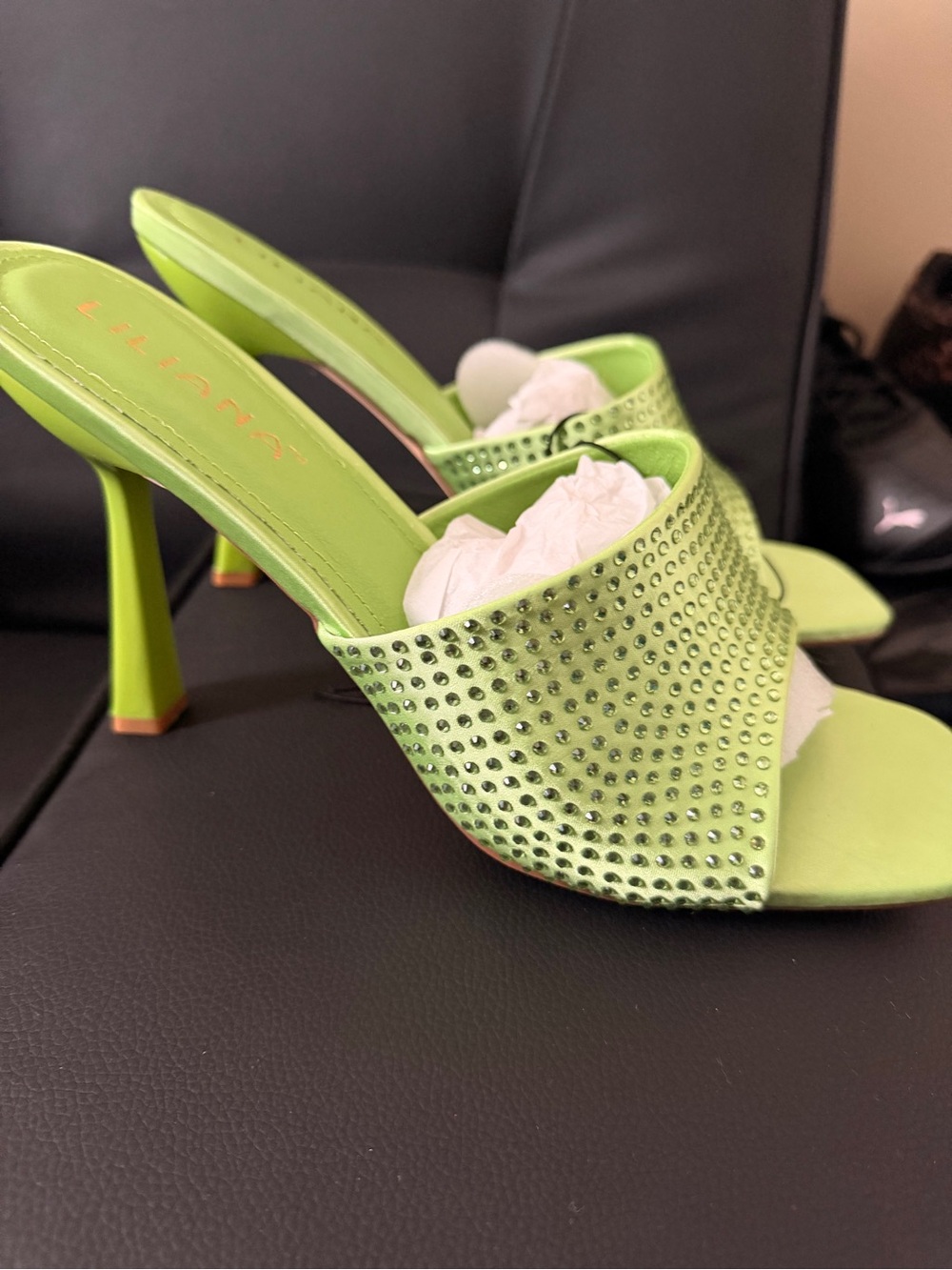Liliana Lime Green Rhinestone Mule Heels